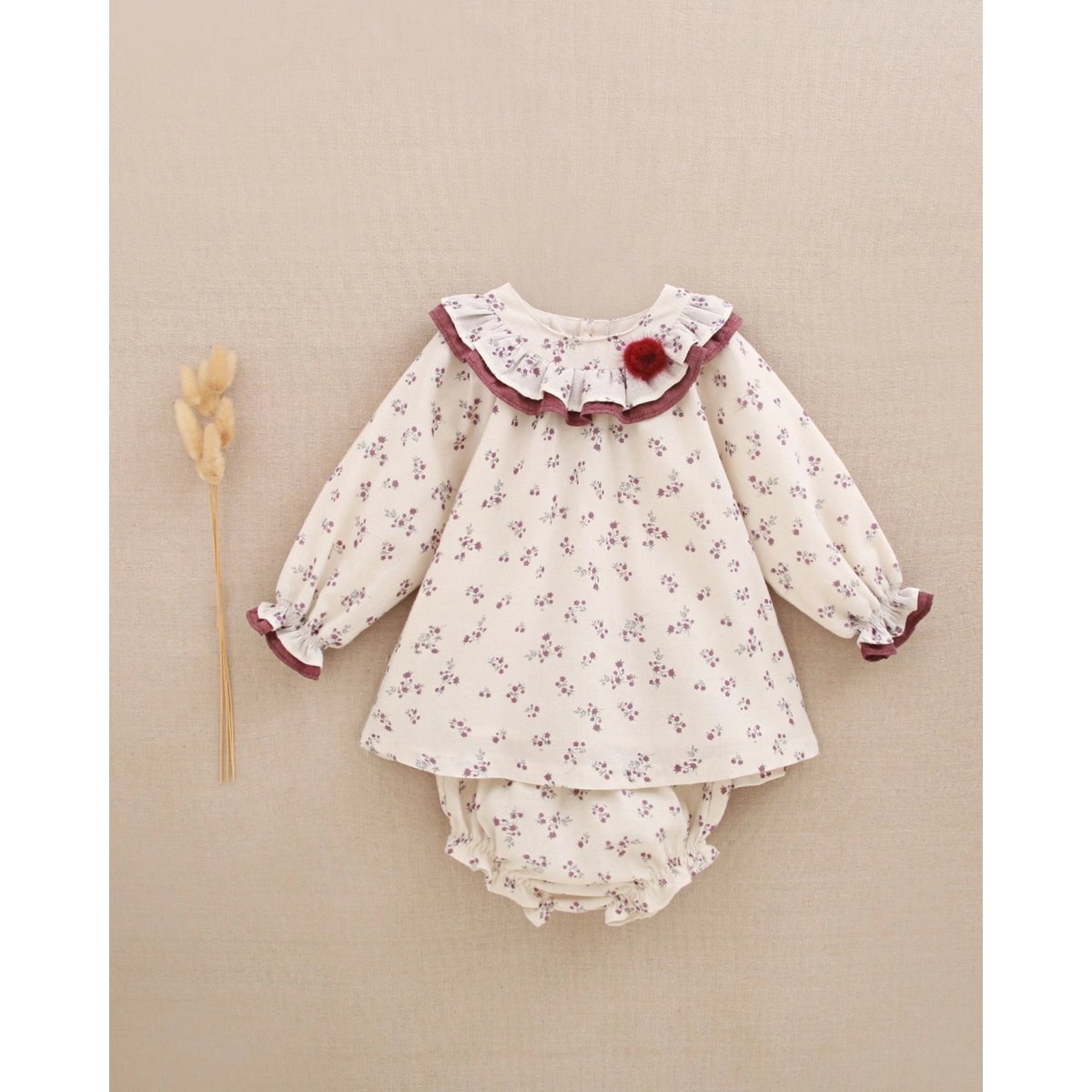 VESTIDO NIÑA BEBÉ FLORAL Y POMPÓN