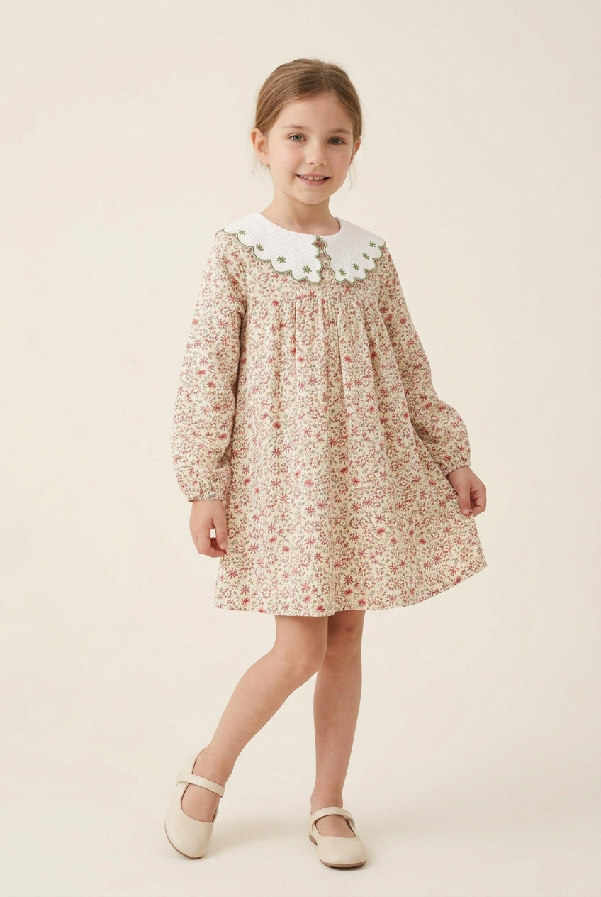 VESTIDO NIÑA CON CUELLO DE FLORES BORDADAS
