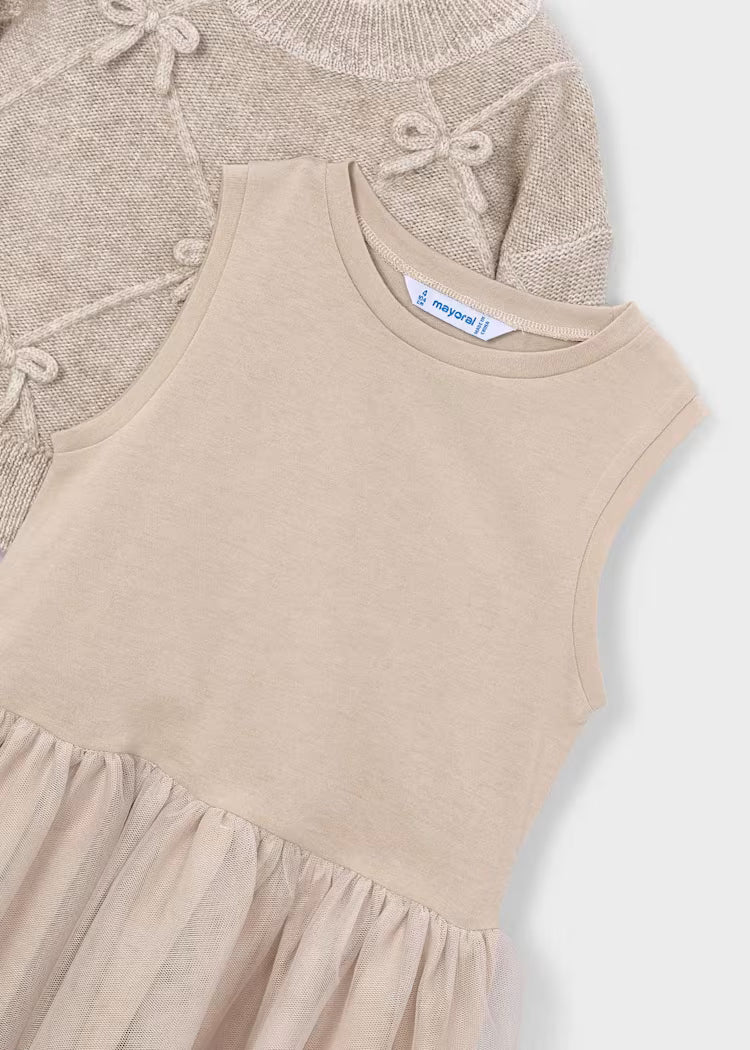 Vestido tricot combinado lazos niña